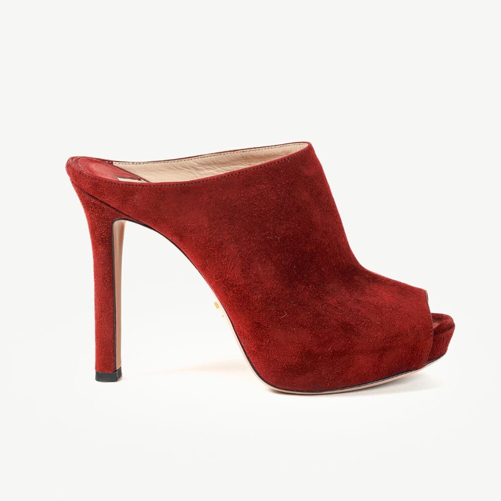 Prada Burgundy Suede Peep Toe Stiletto Heel Slide Mule Platform Pump